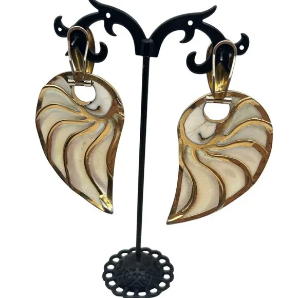 Mother Of Pearl Reversible Omega Back Earrings Abalone Gold Tone Statement Vtg - Picture 4 of 8